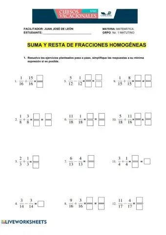 Suma y resta de fracciones con el mismo denominador