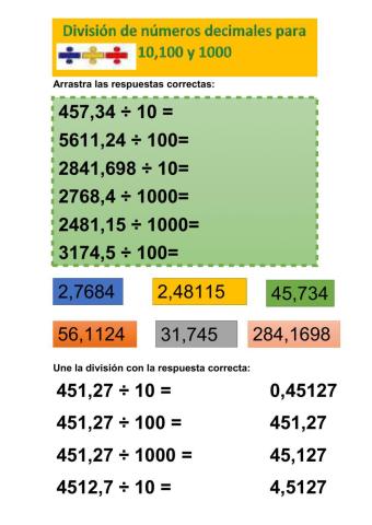 División de números decimales para 10,100 y 1000