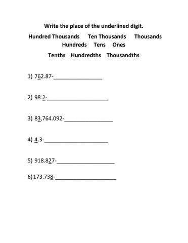 Place Value with decimals
