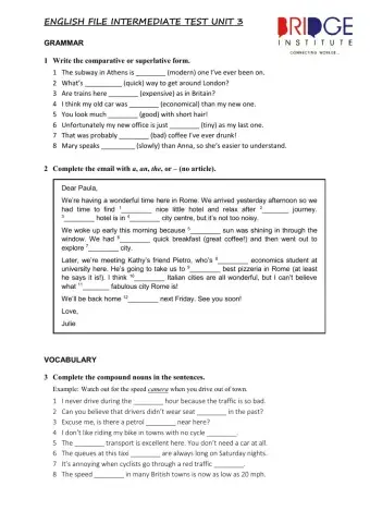 Bridge Institute - EFIntermediate - TEST UNIT 3