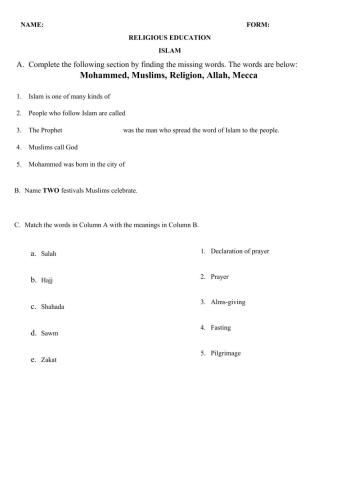 Islam worksheet