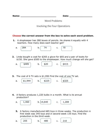 Word Problems Using The Four Operations