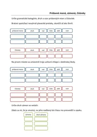 Prídavné mená, zámená, číslovky - precvičovanie