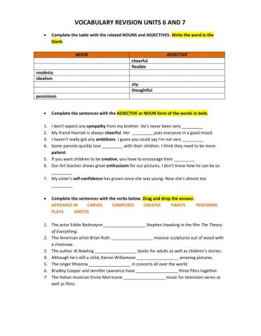 Vocabulary Art and Culture and Adjectives