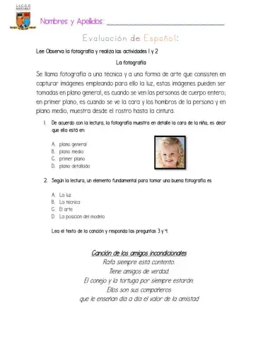 Evaluación Español Cuarto Periodo Grado Cuarto