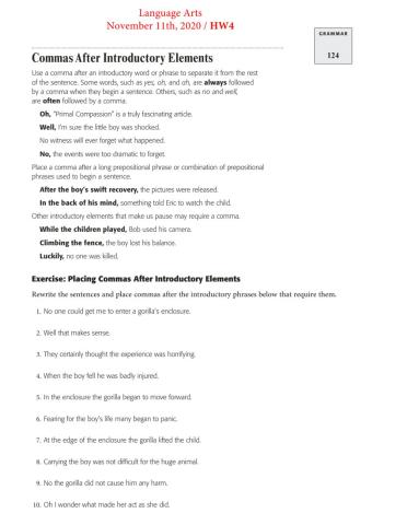 Names Nombres Commas after introductory phrases