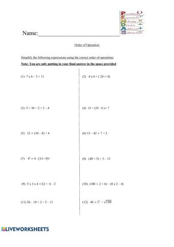 Order of operations Worksheet