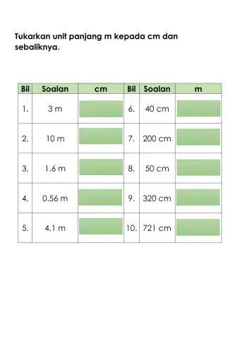 Penukaran unit panjang m dan cm