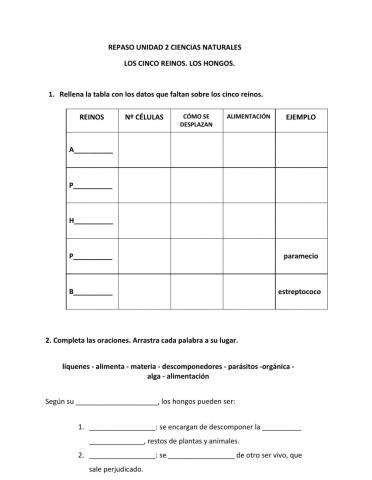 Repaso 5 reinos y hongos