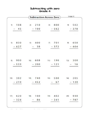 Subtract 3 digit with zero grade 4