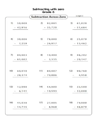 Subtract 5 digit with zero grade 6