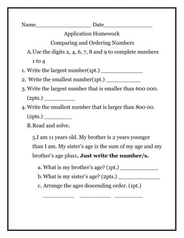 Application Comparing and ordering NUmbers Homework
