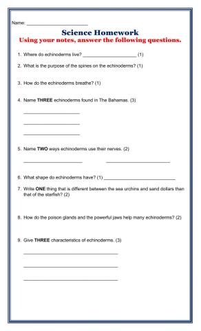 Echinoderm Homework