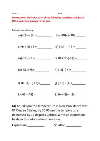 Adding and subtracting integers worksheet grade 9