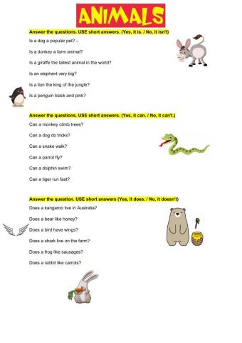 Animals - short answers with Is - Can - Does