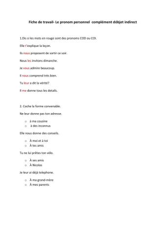 Fiche de travail- Les pronoms COD et COI