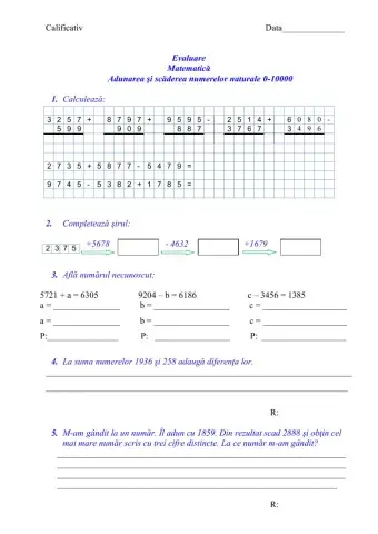 Evaluare - Adunarea si scaderea nr 0-10000