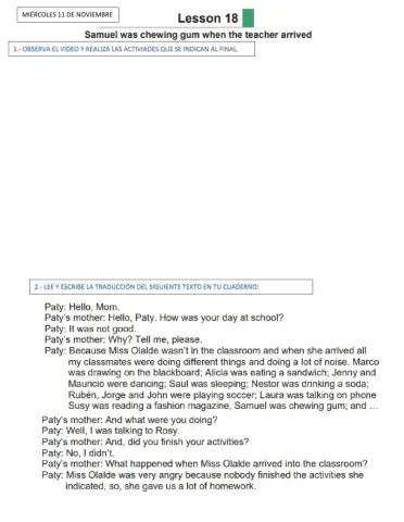 Inglés lesson 18 miercoles 11 de noviembre