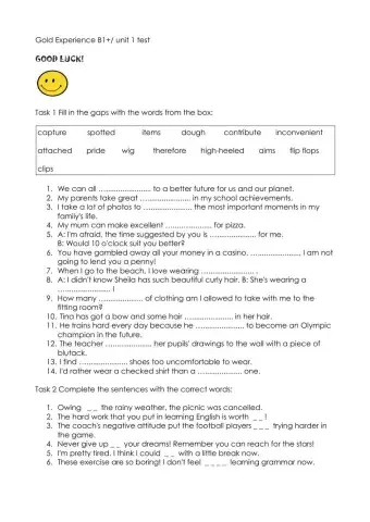 Unit 1 test gold experience b1+ new