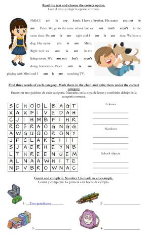 Repaso Utiles escolares, Numeros, Colores y Presente Continuo