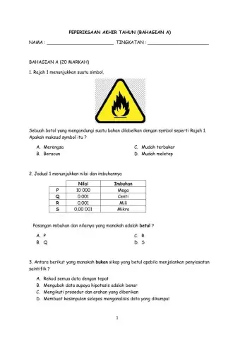 Ujian bahagian A Sains Tingkatan 1