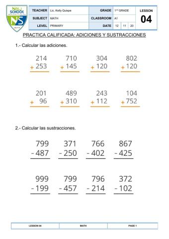 Adiciones y sustracciones de tres cifras