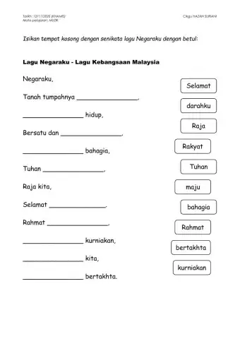 MUZIK - Lengkapkan senikata lagu Negaraku