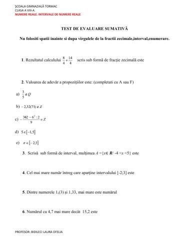 TEST DE EVALUARE-INTERVALE DE NUMERE REALE-CLASA A VIII-A