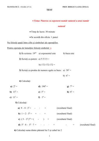 TEST DE EVALUARE - PUTEREA UNUI NUMAR NATURAL CU EXPONENT NUMAR NATURAL-CȘSA A V-A