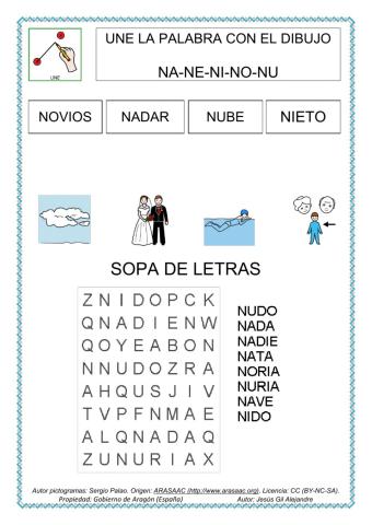 Une palabra y dibujo. Sopa de letras. na ne ni no nu