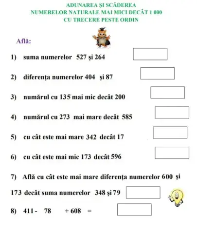 Adunarea si scaderea numerelor 0 1000 cu trecere peste ordin