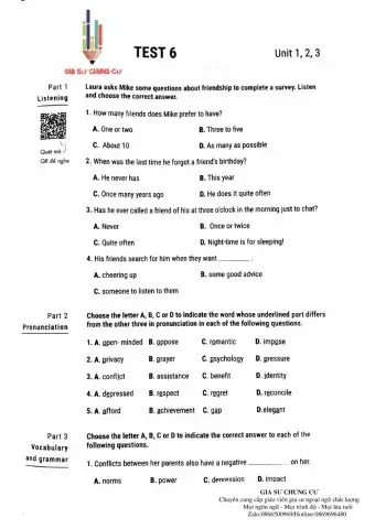 Lớp 11 - Kiểm tra 45 phút (Test 6 Luyện giải)