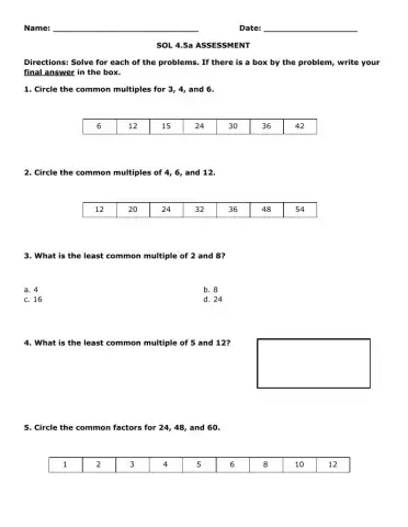 LCM and GCF Assessment