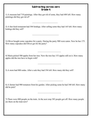 Subtract across zero word problems grade 4