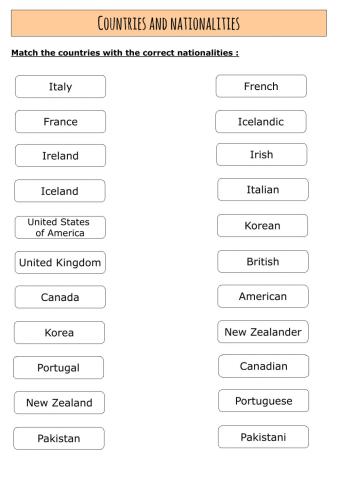 Countries and Nationalities - match up