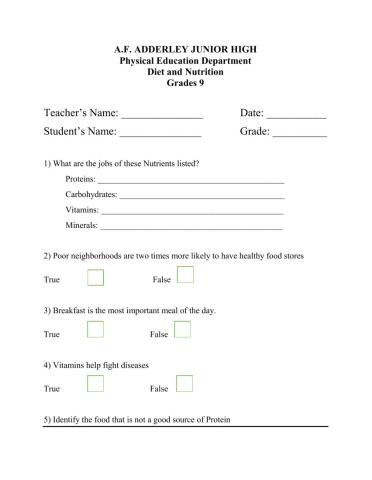 AFA Grade 9 Physical Education Diet and Nutrition Worksheet