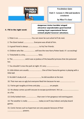 Vocabulary Quiz -Unit 3- Lesson1