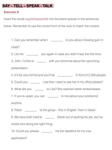 Say, tell, speak, talk