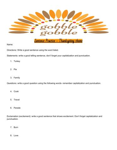 Thanksgiving Sentence Writing