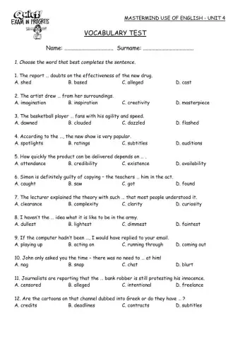 Mastermind Unit 4 Vocabulary Test