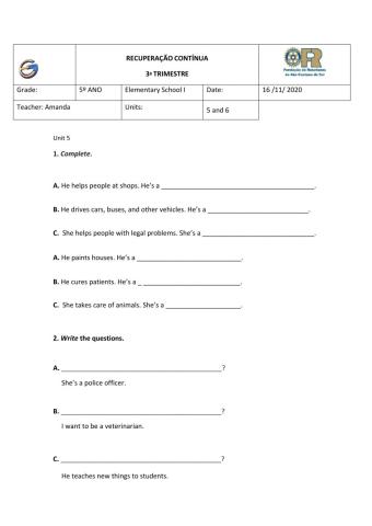 Recuperação Contínua - 3º Trimestre 5º ano