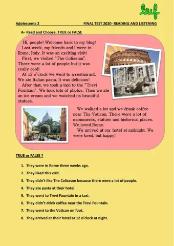 Adolescents 2 READING AND LISTENING TEST