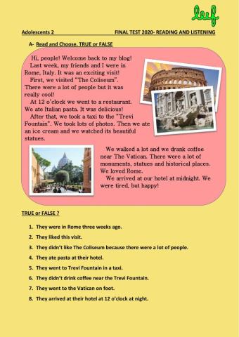 Adolescents 2 READING AND LISTENING TEST