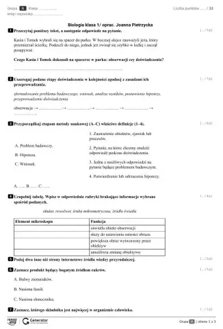 Biologia klasa 1 sprawdzian