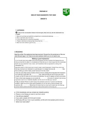 End of year diagnostic test group A