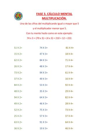 Multiplicación fase 3 cálculo mental