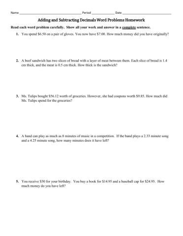 Adding-Subtracting Decimals real world problems