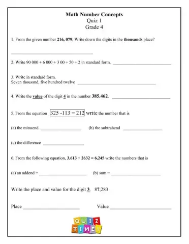 Number Concepts quiz 1 grade 4