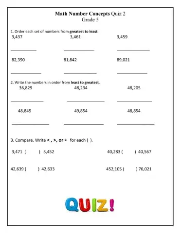 Number Concepts quiz 2 grade 5