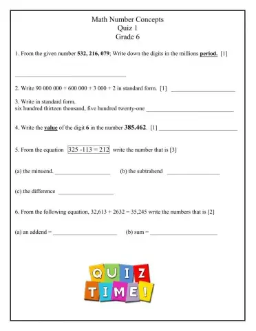 Number Concepts quiz 1 grade 6